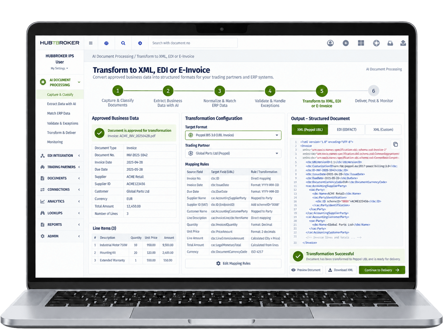Transform to XML, EDI or E-Invoice
