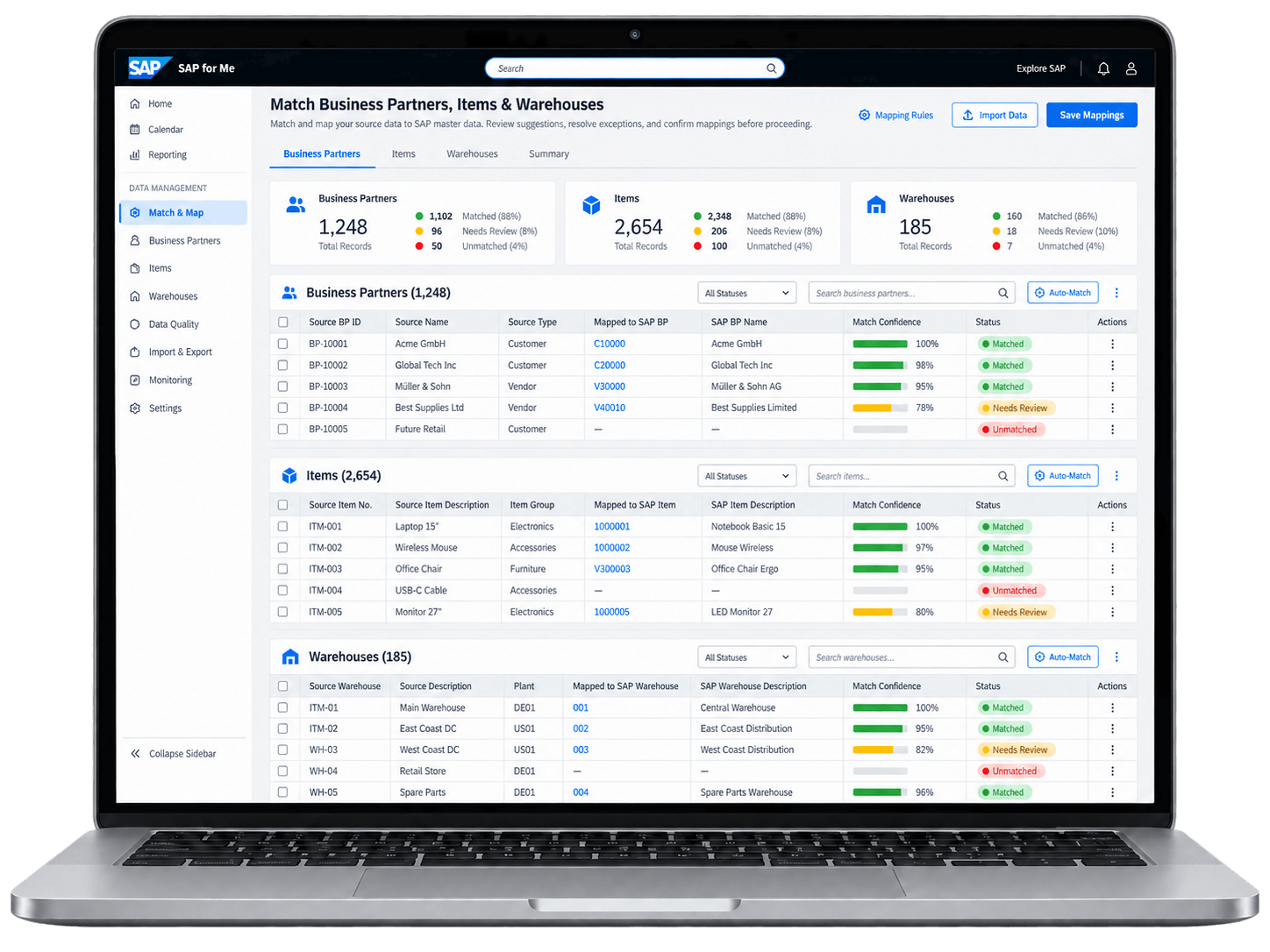 Match Business Partners, Items & Warehouses