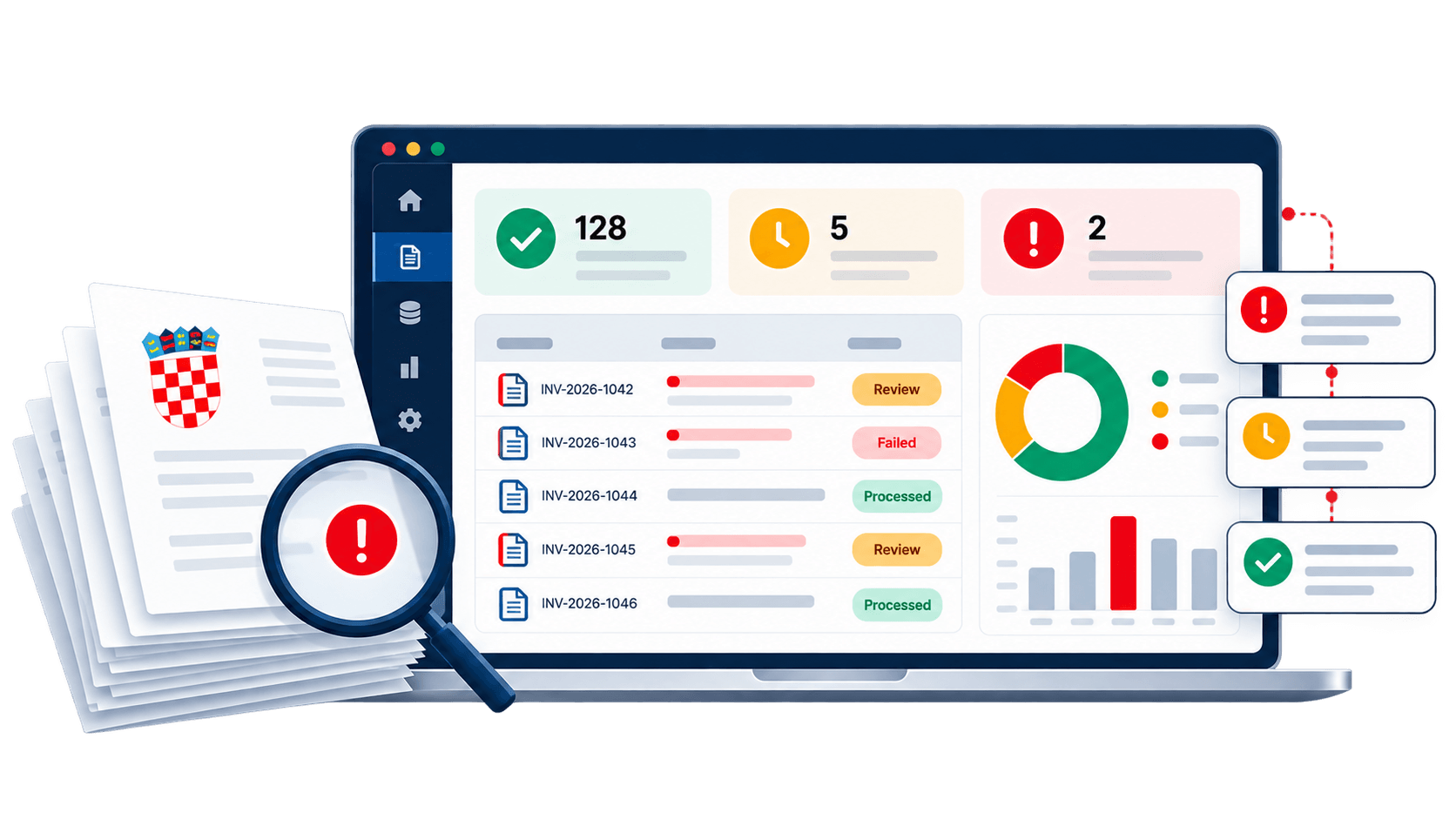 Illustrative invoice monitoring dashboard showing processing status, errors and failed invoices.