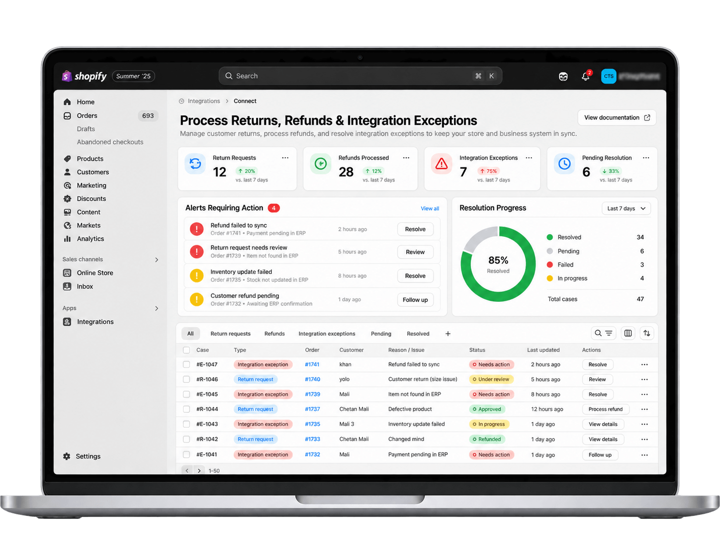 Process Returns, Refunds & Integration Exceptions