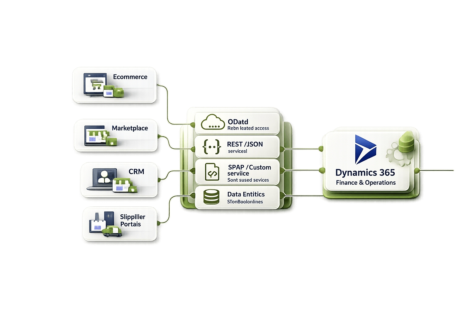 External Applications ↔ Web Services ↔ Dynamics 365 F&O with cloudserverdatabase architecture.