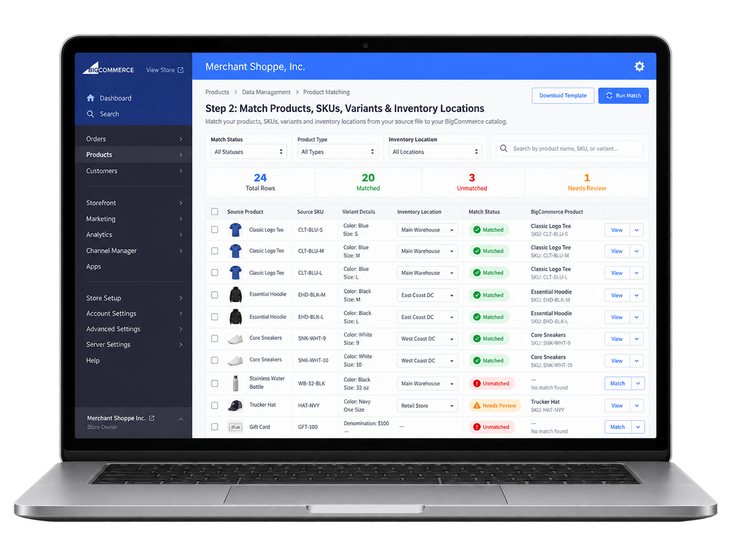 Match Products, SKUs, Variants & Inventory Locations