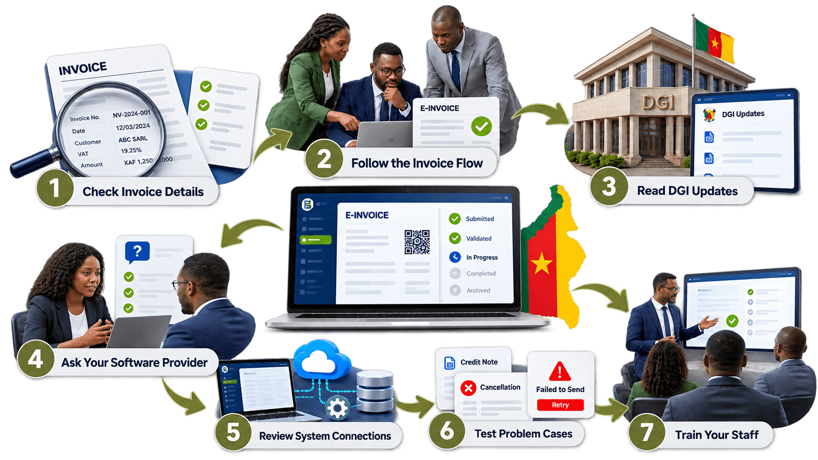 Cameroon E-Invoicing Workflow Infographic.