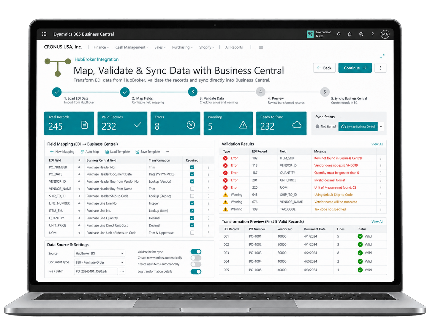 Map, Validate & Sync Data with Business Central