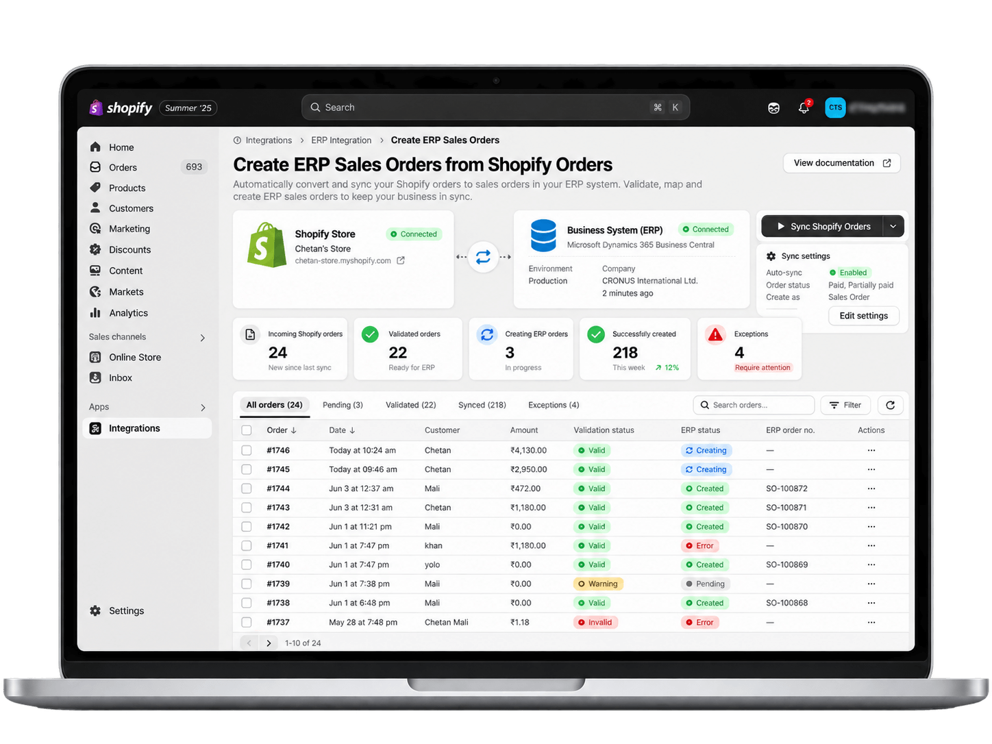 Create ERP Sales Orders from Shopify Orders